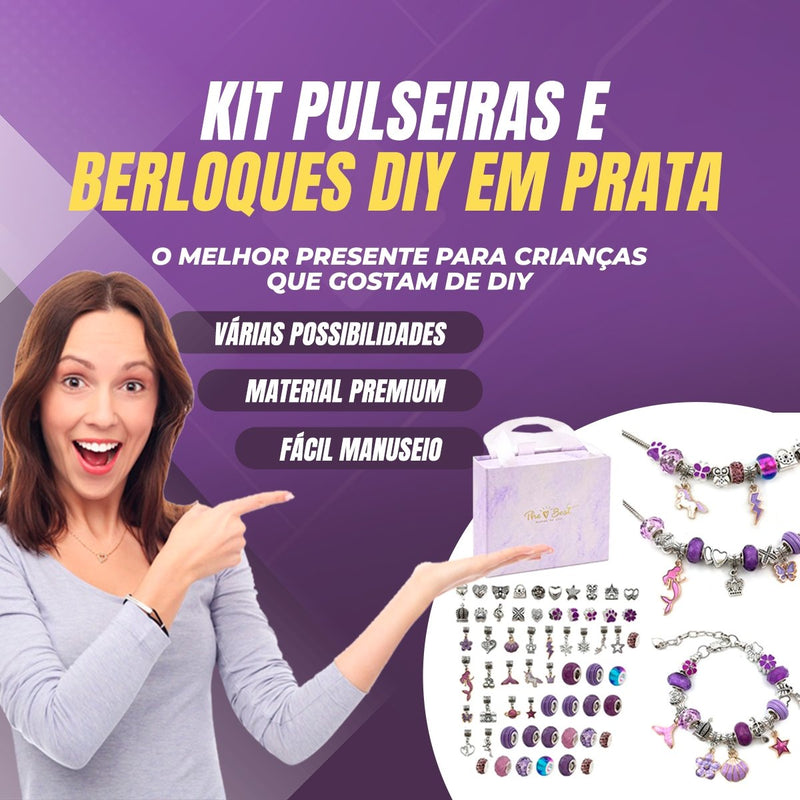 Kit Pulseiras e Berloques DIY em Prata - 64 Peças